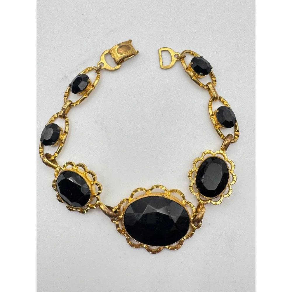 Vintage  Victorian Revival Bracelet Black Faceted Graduated Scalloped Link